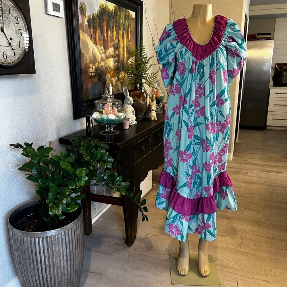 Almost Paradise Liberty House vin.70's Teal, Purple & Pink Floral Cotton Dress